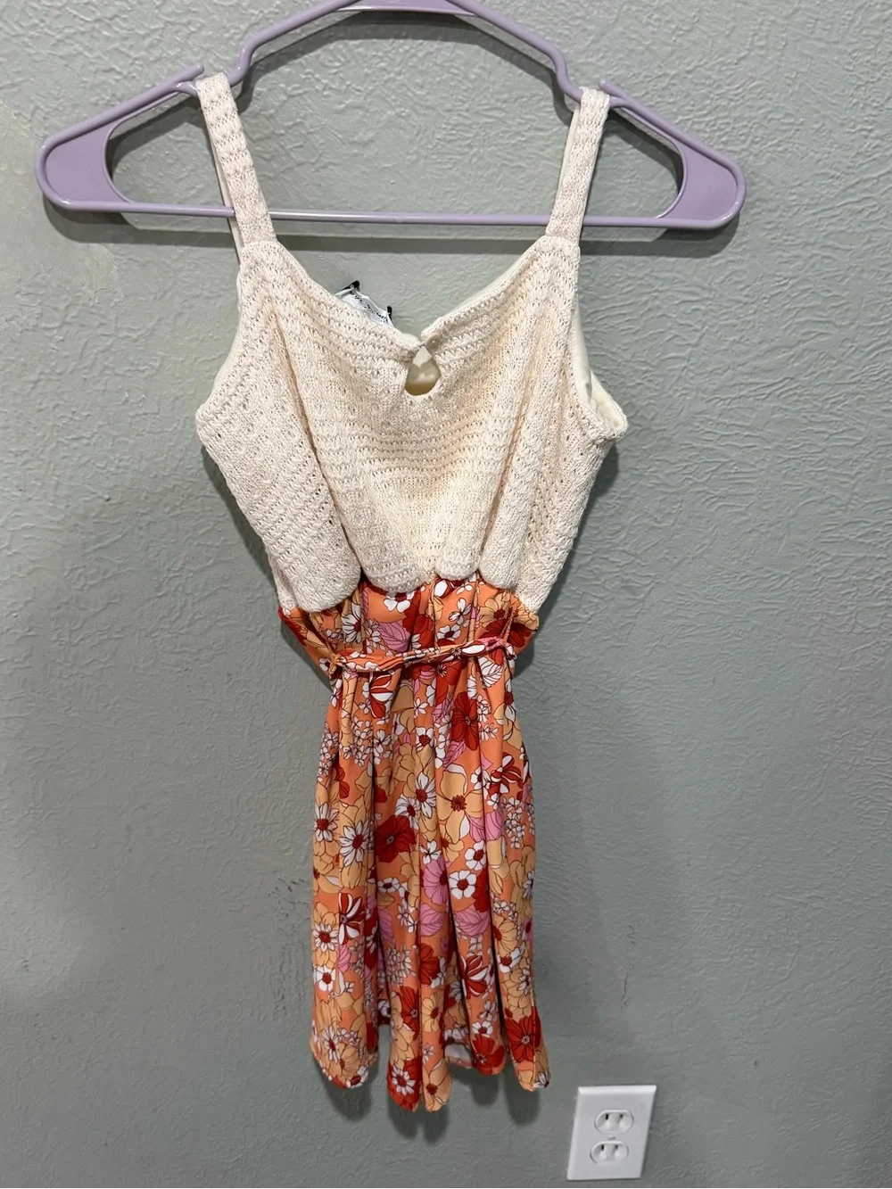 Rare Editions Cream Crochet Bodice Romper with Orange Floral Skirt Like New